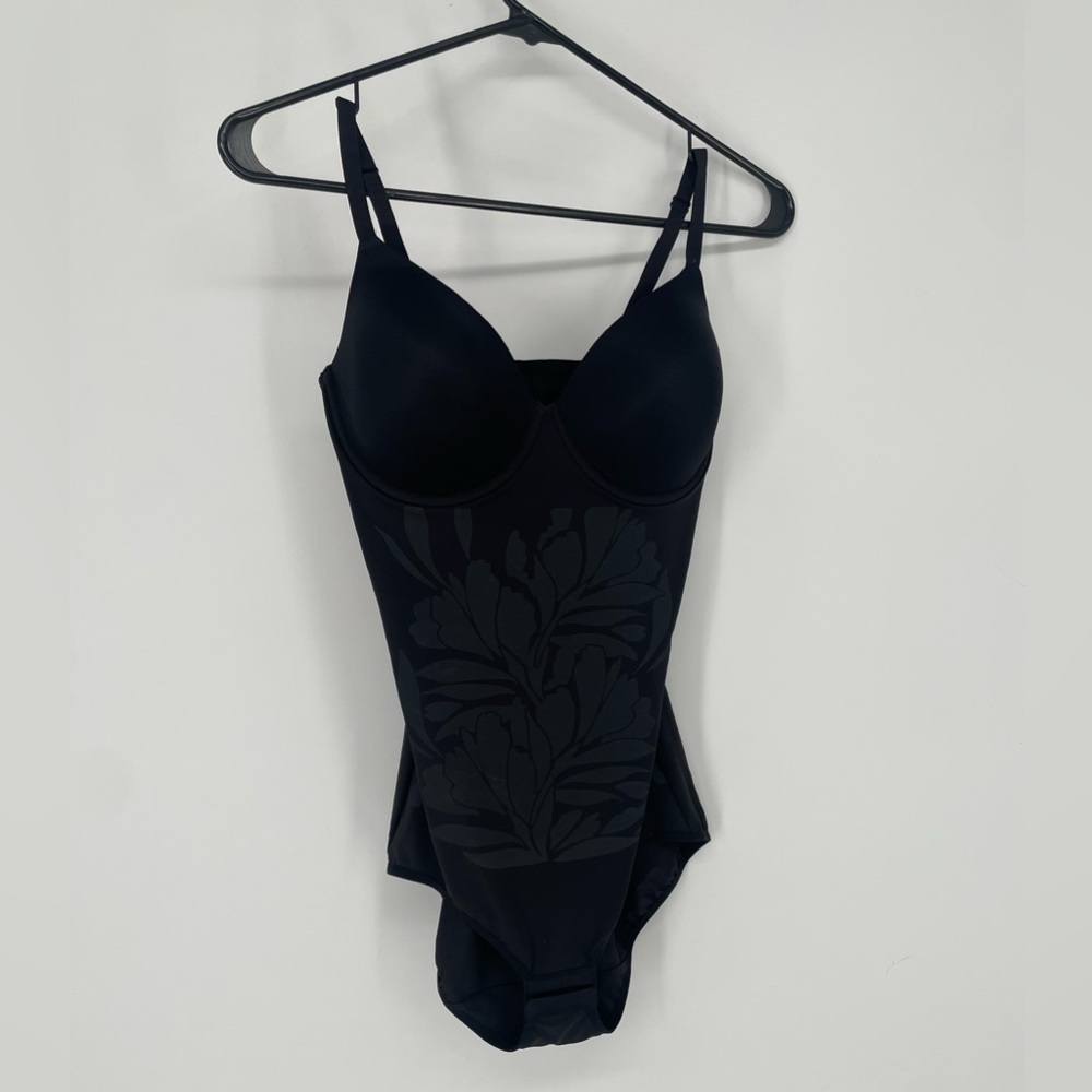 Maidenform Black Floral Print Fitted Stretch Shapewear Bodysuit - Picture 2 of 14